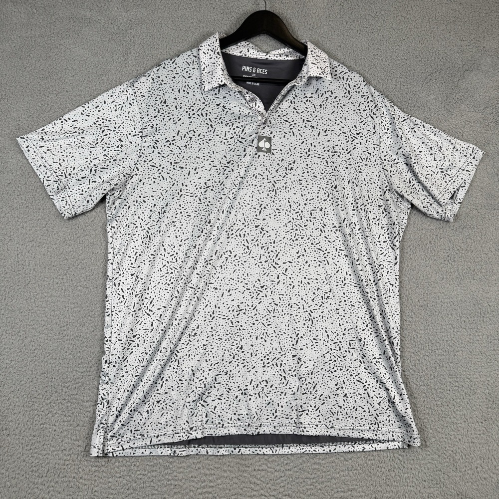 Pins And Aces Polo Men 2XL White Speckle Splatter Golf Performance Stretch Shirt